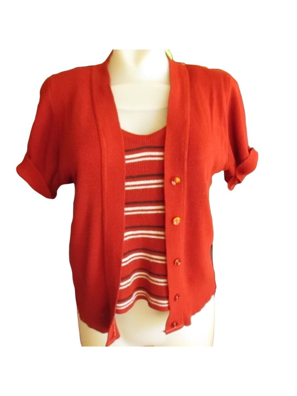 True Vintage Cardigan Sweater Top Womens Small 1970s RUSTY STRETCH KNIT Faux